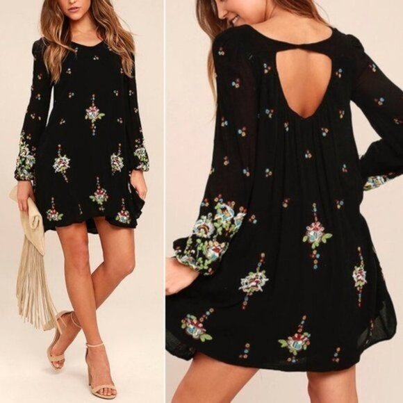 Free People Womens S Boho Floral Embroidered Oxford Black Mini Swing Dress - Picture 3 of 16